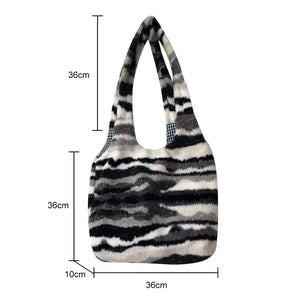 Vintage Plush Shoulder Bag Large Capacity Ink Pattern Tote Handbag Soft Fluffy P