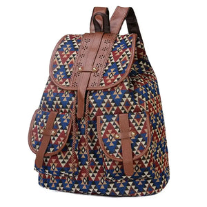 Vintage Print Canvas Ethnic Backpack for Girls School Student