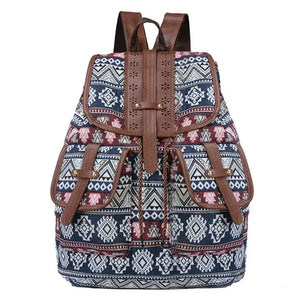 Vintage Print Canvas Ethnic Backpack for Girls School Student