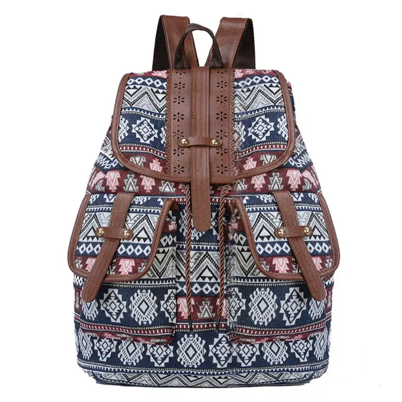 Vintage Print Canvas Ethnic Backpack for Girls School Student