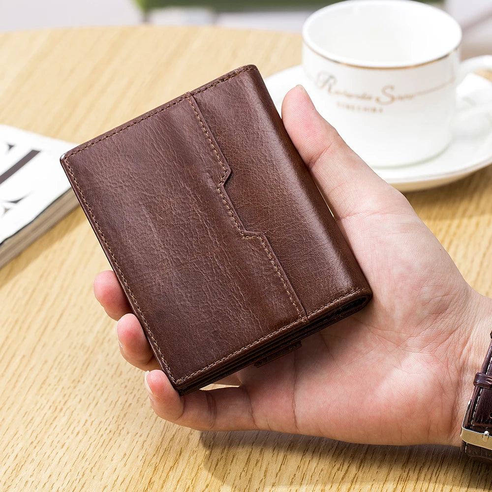 Vintage RFID Short Wallet For Men Cow Leather Purse Elastic Card Slots
