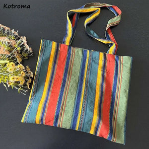 Vintage Rainbow Stripes Shoulder Bag Women Large Canvas Handbag