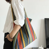 Vintage Rainbow Stripes Shoulder Bag Women Large Canvas Handbag