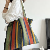 Vintage Rainbow Stripes Shoulder Bag Women Large Canvas Handbag