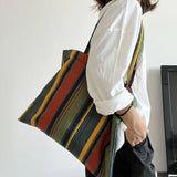Vintage Rainbow Stripes Shoulder Bag Women Large Canvas Handbag