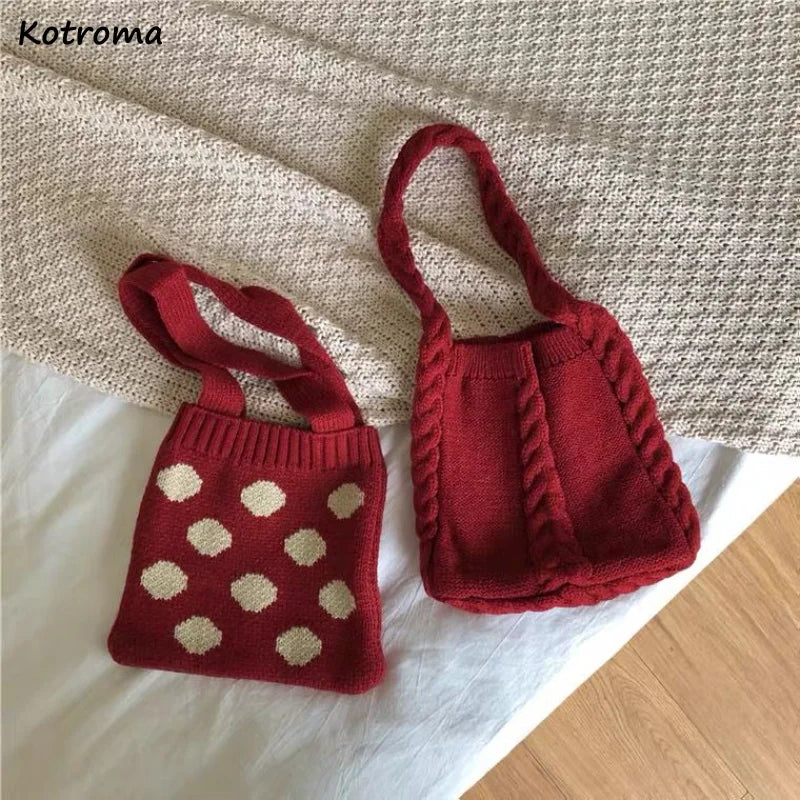 Vintage Red Shoulder Bags Women Ins Dot Knitting Totes Stylish Portable Handbag