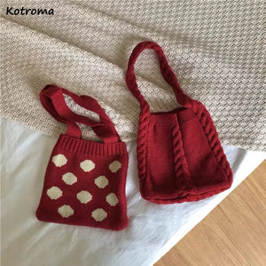 Vintage Red Shoulder Bags Women Ins Dot Knitting Totes Stylish Portable Handbag