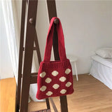Vintage Red Shoulder Bags Women Ins Dot Knitting Totes Stylish Portable Handbag