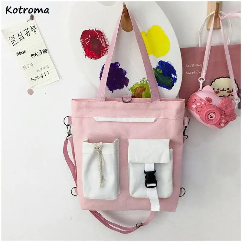 Vintage Retro Students Harajuku Shoulder Bags Women Patchwork Large Capacity