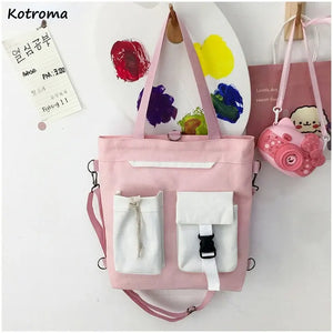 Vintage Retro Students Harajuku Shoulder Bags Women Patchwork Large Capacity