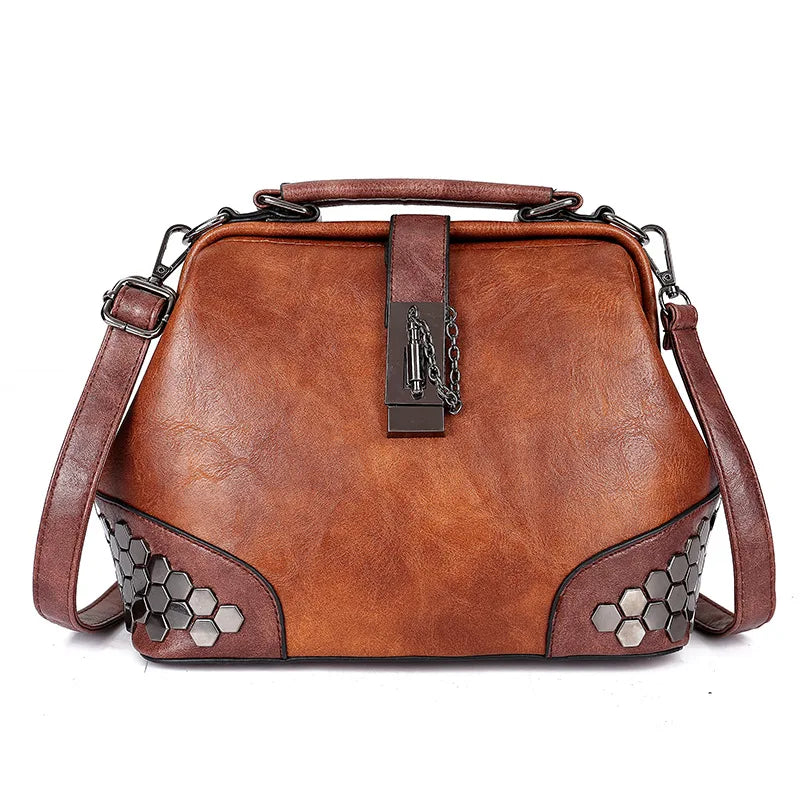 Vintage Rivet Handbaag Female PU Leather Crossbody Bag Lock Handle Bags