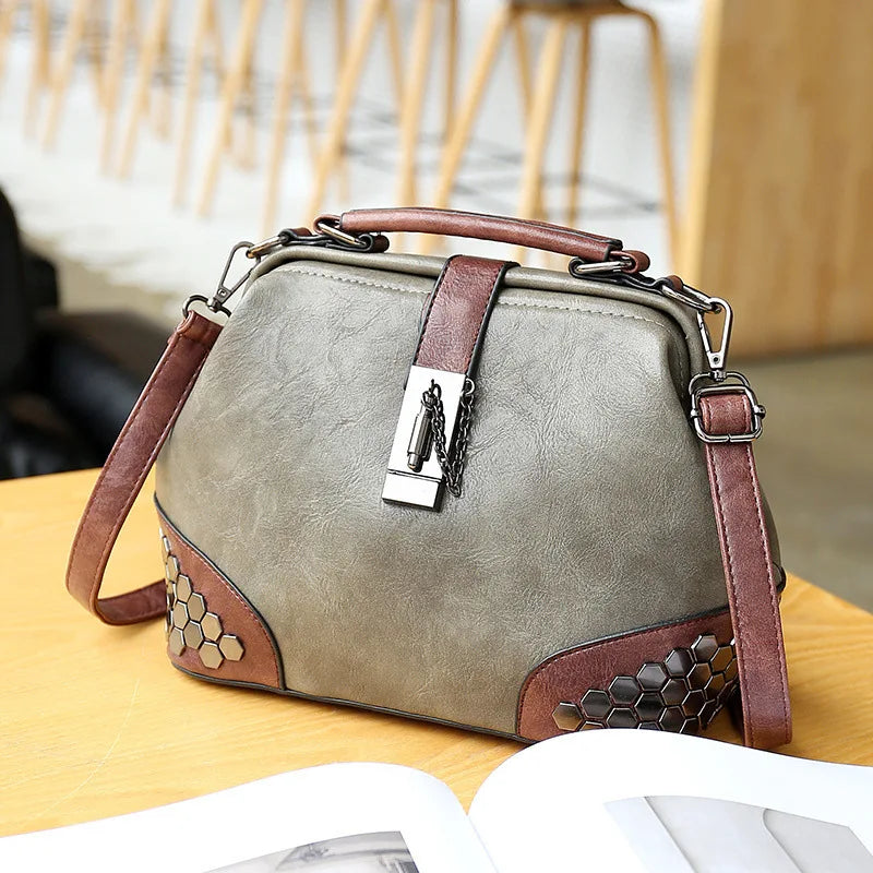 Vintage Rivet Handbaag Female PU Leather Crossbody Bag Lock Handle Bags