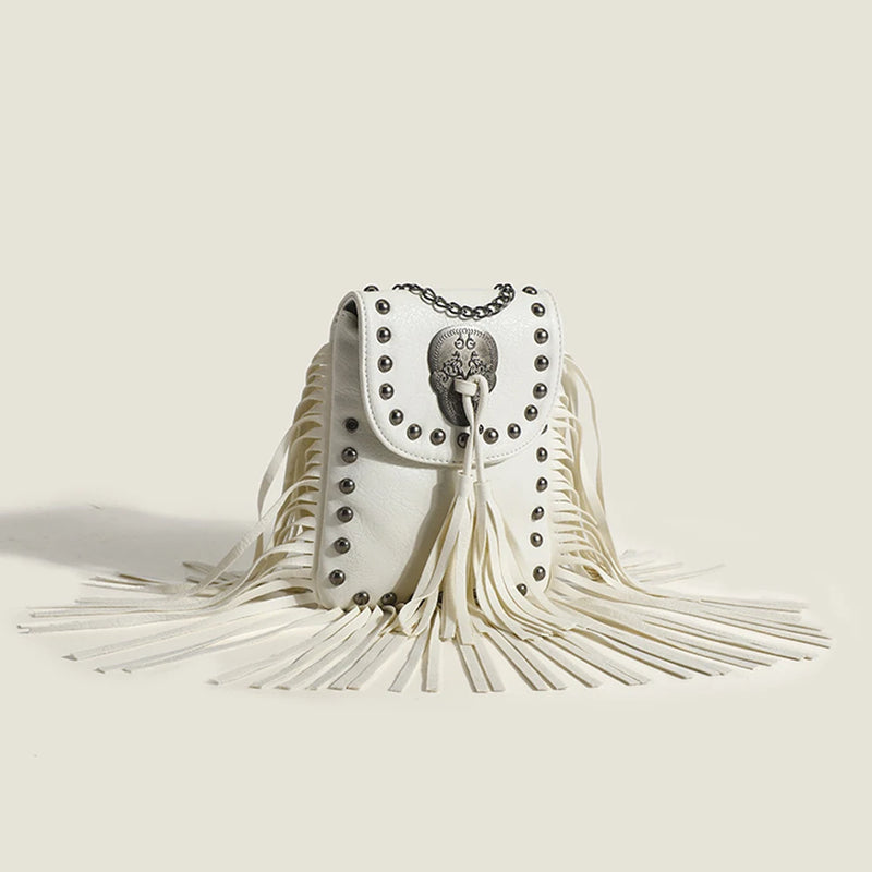 Vintage Rivet Tassel Chain Bags Women Shoulder Crossbdy Bags PU Leather
