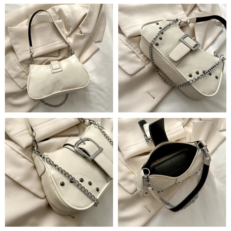 Vintage Rivet Women's Shoulder Bags Solid Ladies Underarm Bag Chain Small Handba