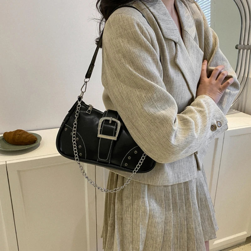 Vintage Rivet Women's Shoulder Bags Solid Ladies Underarm Bag Chain Small Handba