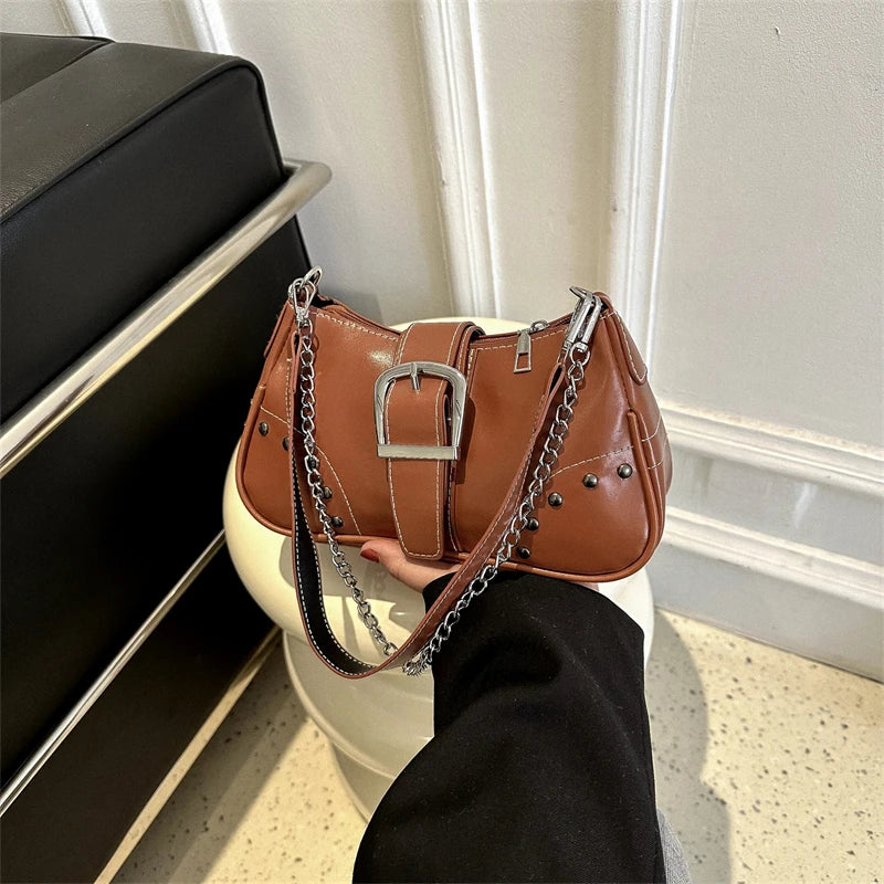 Vintage Rivet Women's Shoulder Bags Solid Ladies Underarm Bag Chain Small Handba