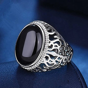 Vintage Royal Carving Gemstones Agate Jade Men's Silver Ring