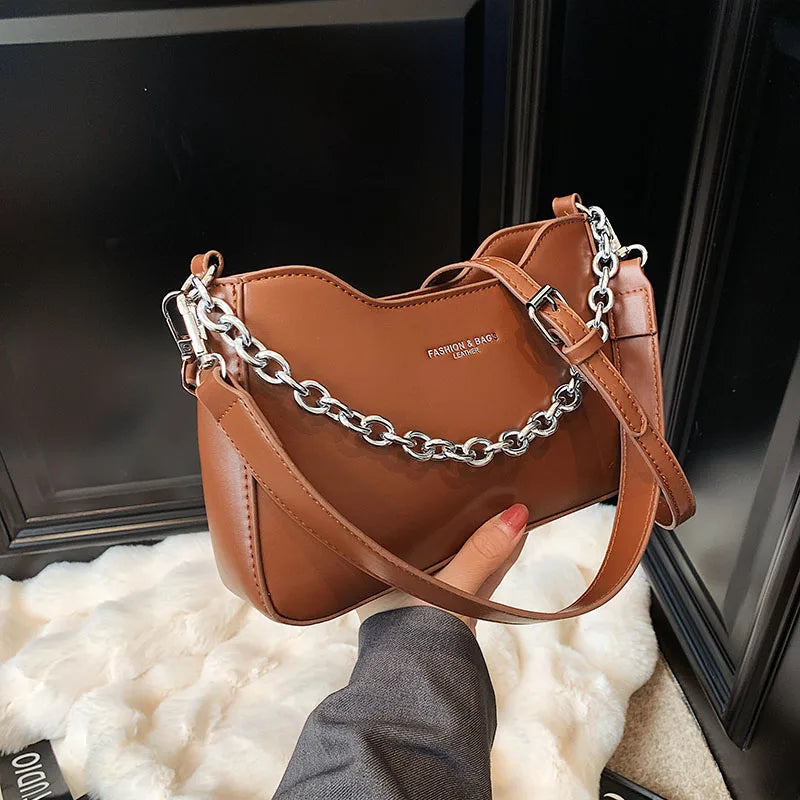 Vintage Saddle Crossbody Bag PU Leather Handbag Chain Solid Shoulder Side