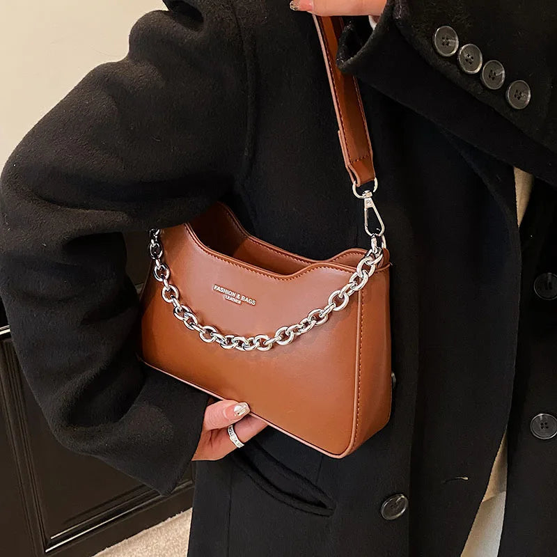 Vintage Saddle Crossbody Bag PU Leather Handbag Chain Solid Shoulder Side
