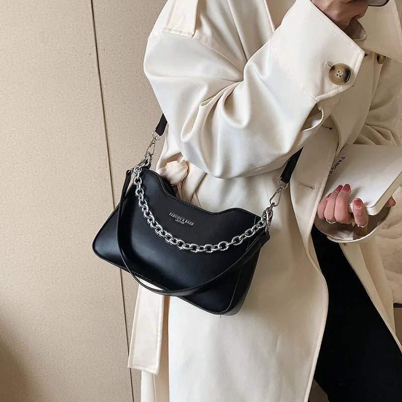 Vintage Saddle Crossbody Bag PU Leather Handbag Chain Solid Shoulder Side