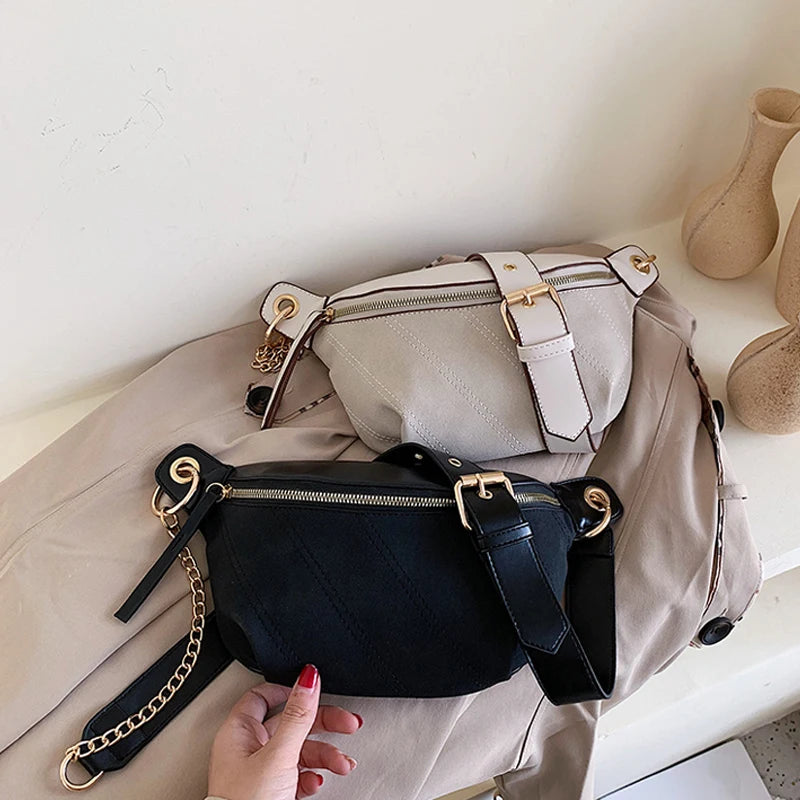 Vintage Scrub Leather Waist Bag Belt Chain Fanny Pack Banana Women Waist Pack