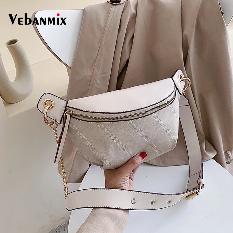 Vintage Scrub Leather Waist Bag Belt Chain Fanny Pack Banana Women Waist Pack