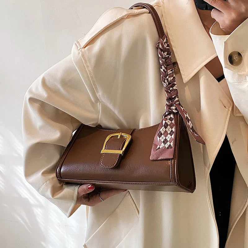 Vintage Leather Shoulder Bag with Silk Scarf Lock Handbag