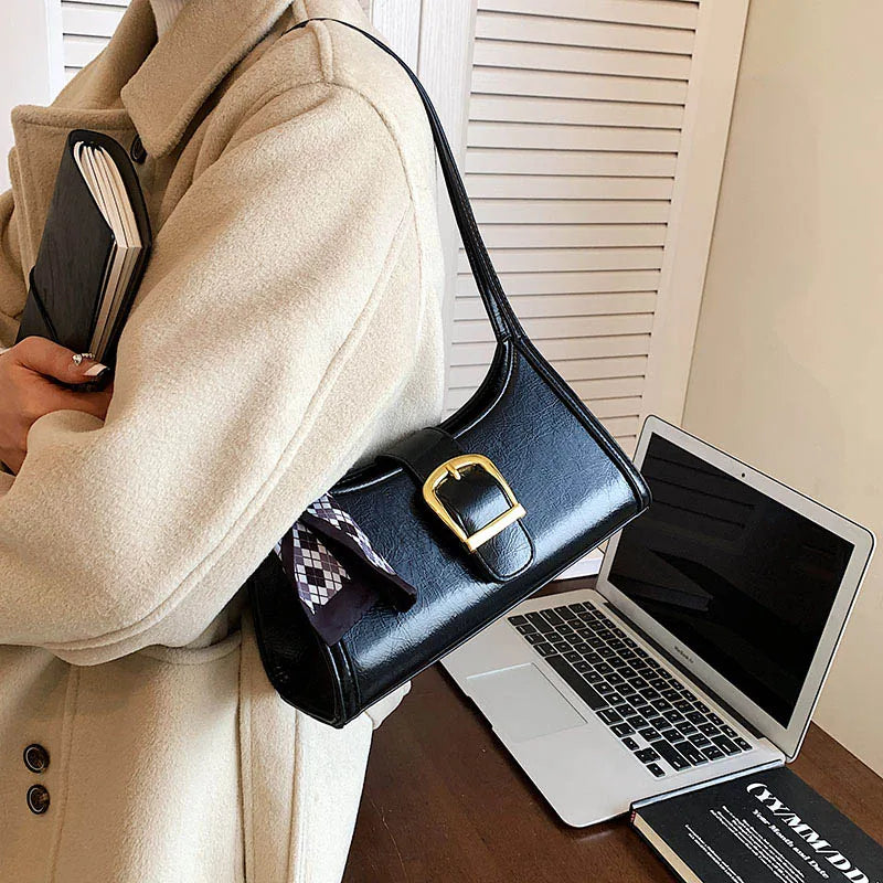 Vintage Leather Shoulder Bag with Silk Scarf Lock Handbag