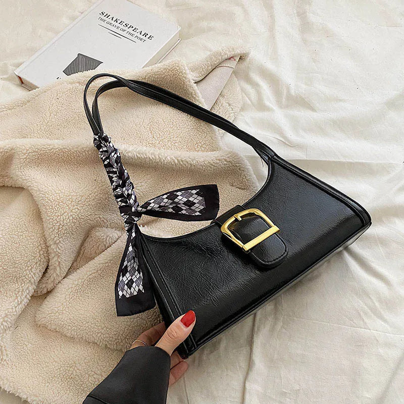 Vintage Leather Shoulder Bag with Silk Scarf Lock Handbag