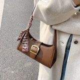 Vintage Leather Shoulder Bag with Silk Scarf Lock Handbag