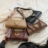 Vintage Leather Shoulder Bag with Silk Scarf Lock Handbag