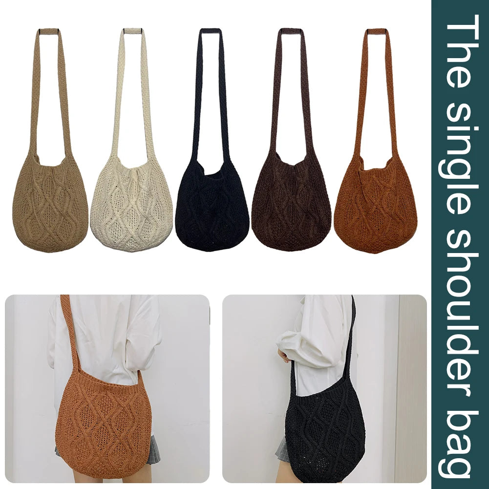 Vintage Knitted Shoulder Bag Women Winter Large Capacity Purse Handbag