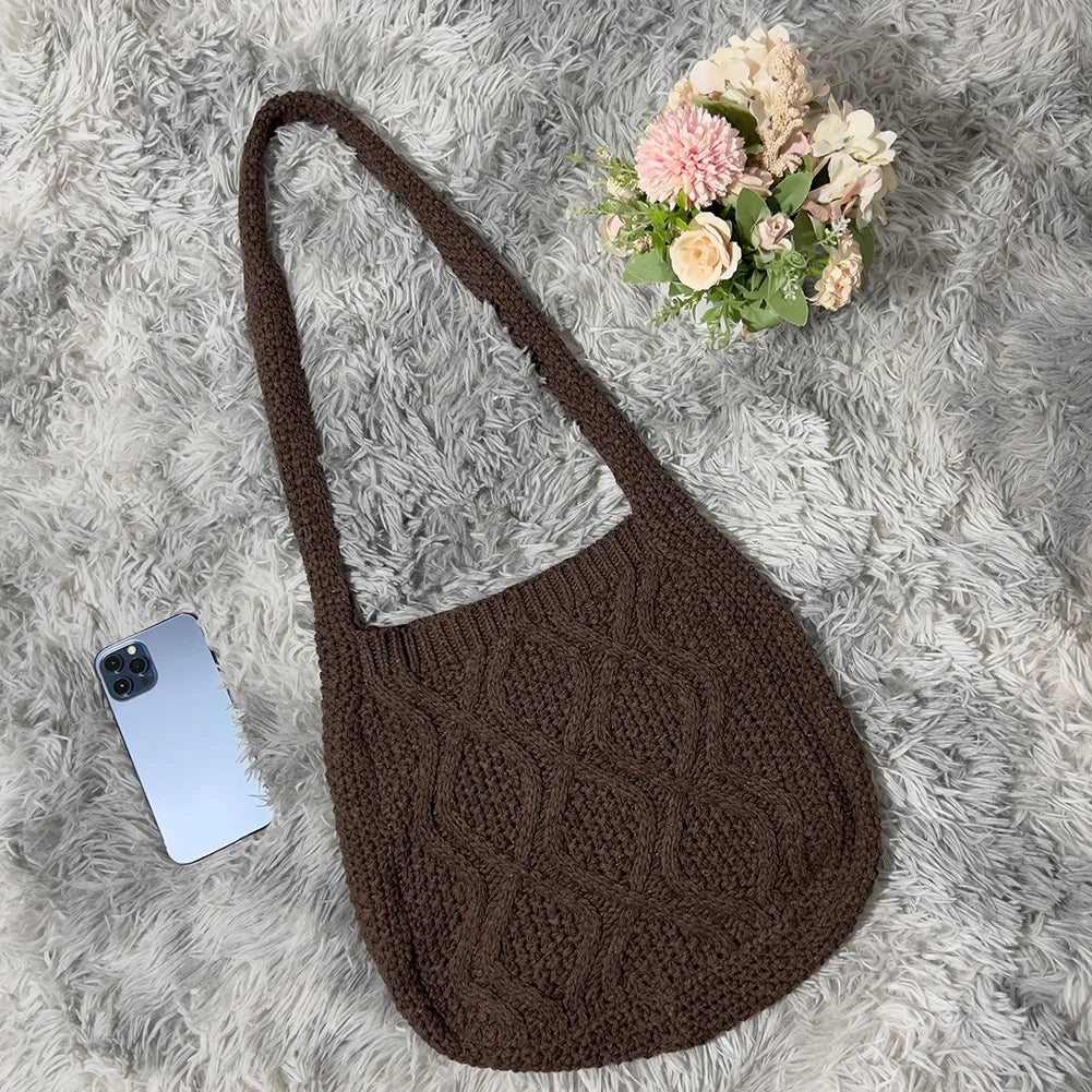 Vintage Knitted Shoulder Bag Women Winter Large Capacity Purse Handbag