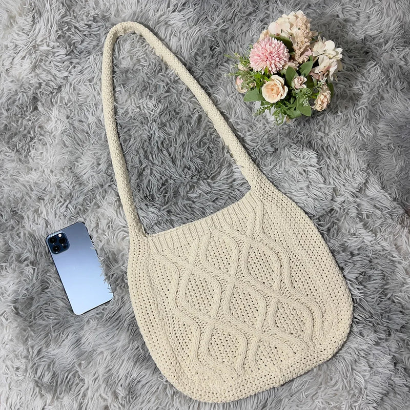 Vintage Knitted Shoulder Bag Women Winter Large Capacity Purse Handbag