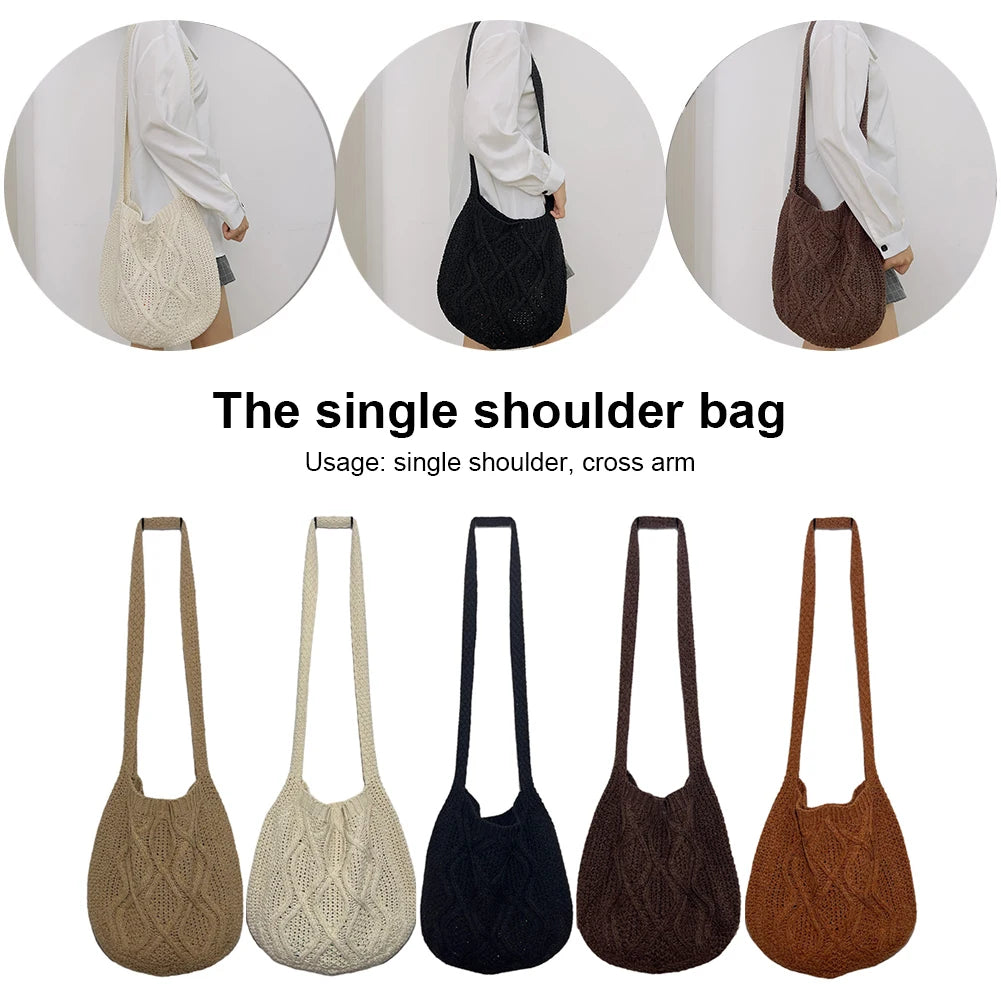 Vintage Knitted Shoulder Bag Women Winter Large Capacity Purse Handbag