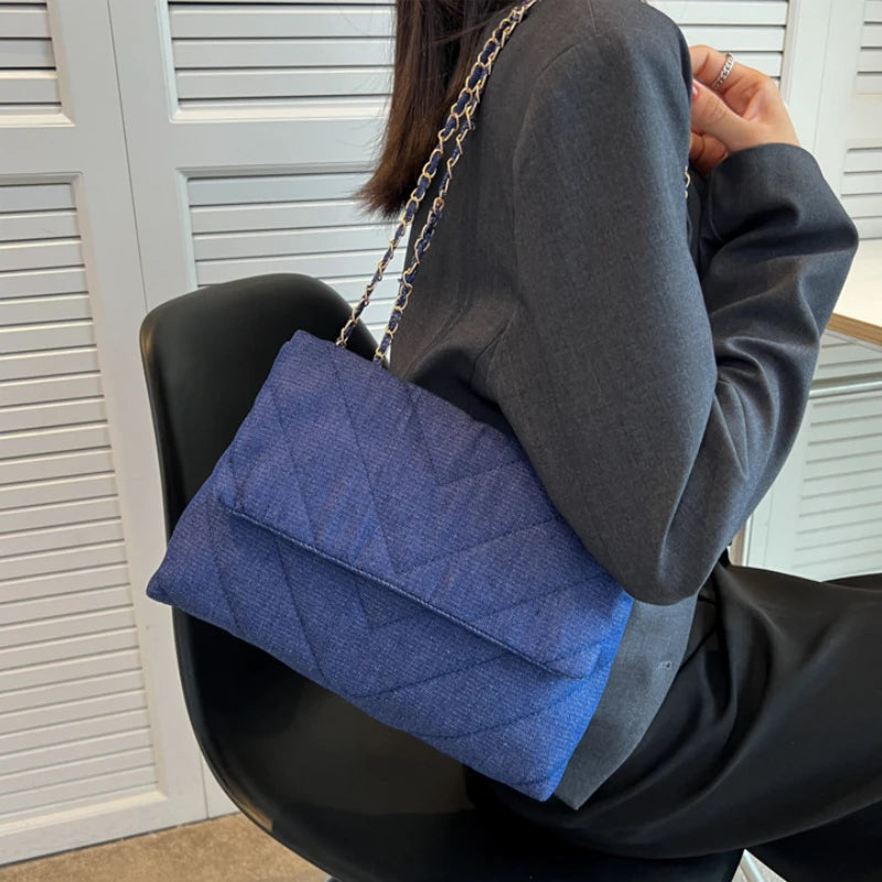 Vintage Denim Diamond Shoulder Bag for Women Large Capacity Tote