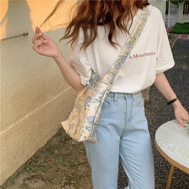 Vintage Jacquard Flower Shoulder Bag for Women