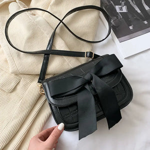 Vintage Shoulder Bags Women Ribbon Bow Crocodile Saddle PU Leather Office Ladies