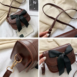 Vintage Shoulder Bags Women Ribbon Bow Crocodile Saddle PU Leather Office Ladies