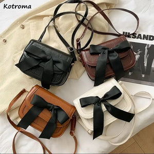 Vintage Shoulder Bags Women Ribbon Bow Crocodile Saddle PU Leather Office Ladies