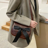 Vintage Shoulder Bags Women Ribbon Bow Crocodile Saddle PU Leather Office Ladies