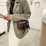 Vintage Shoulder Bags Women Ribbon Bow Crocodile Saddle PU Leather Office Ladies