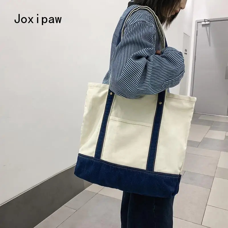 Vintage Canvas Large Capacity Handbag for Women Girl Patchwork Shoulder Bag