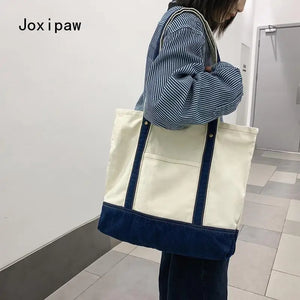 Vintage Canvas Large Capacity Handbag for Women Girl Patchwork Shoulder Bag