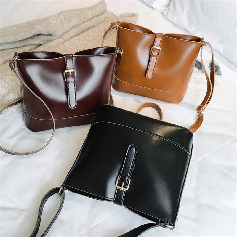 Vintage PU Leather Bucket Crossbody Bags For Women All-Match Lady Shoulder Bags