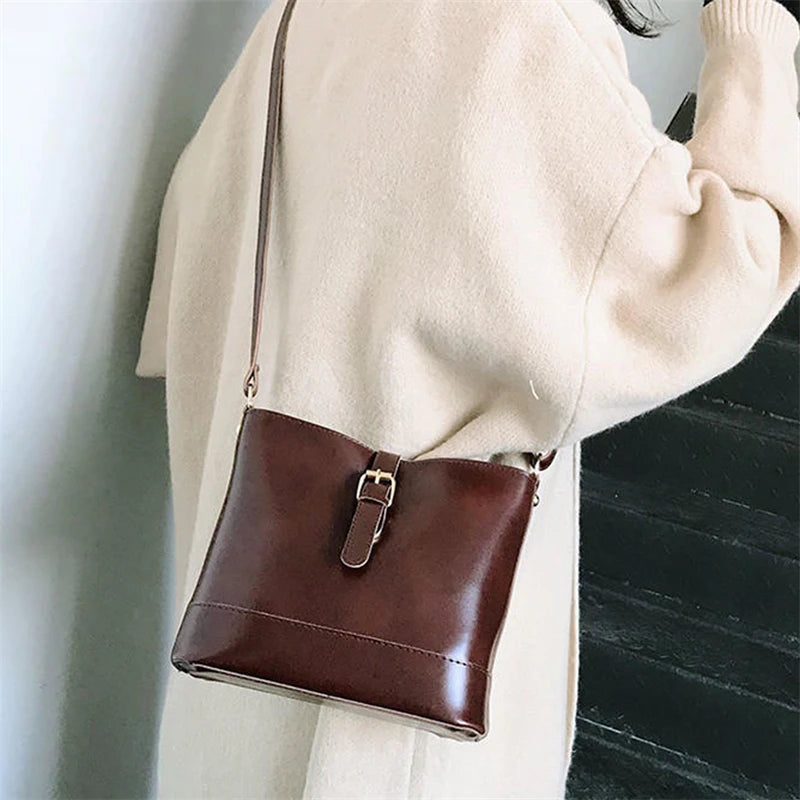 Vintage PU Leather Bucket Crossbody Bags for Women