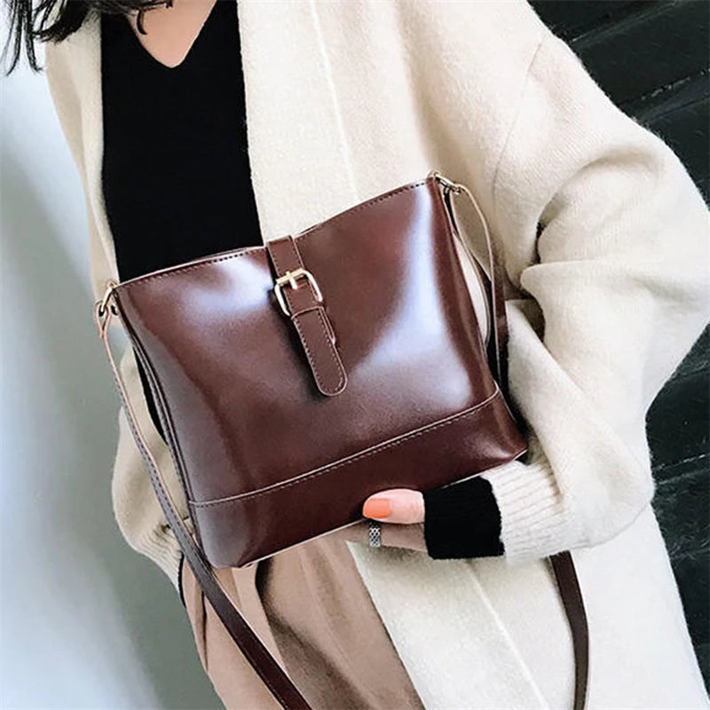Vintage PU Leather Bucket Crossbody Bags for Women