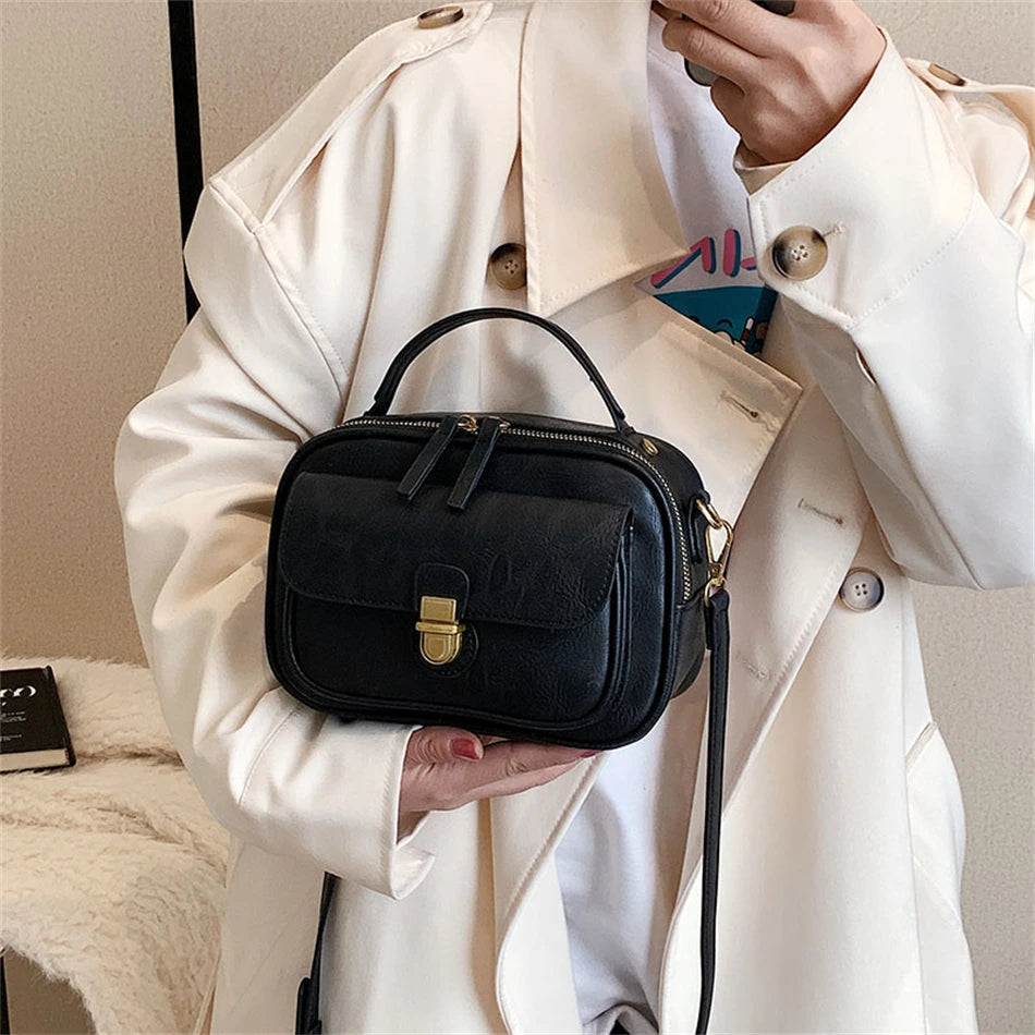Vintage Small Leather Handbag Short Handle Crossbody Tote Purse
