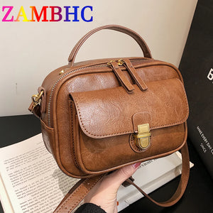 Vintage Small Leather Handbag Short Handle Crossbody Tote Purse