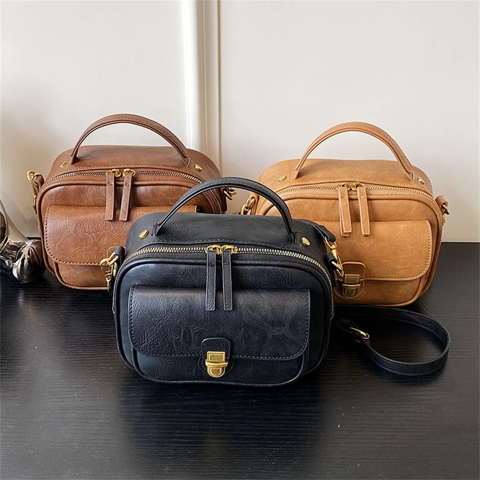 Vintage Small Leather Handbag Short Handle Crossbody Tote Purse